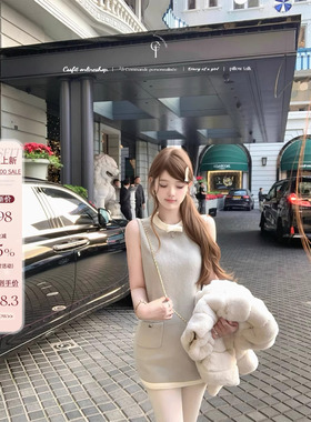 迟伞伞26/ss 蔚蓝暖冬 chan*25k 蓝灰羊毛撞色气质无袖背心连衣裙