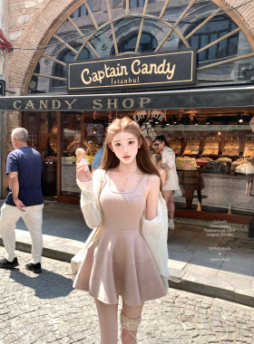 迟伞伞26/ss 新宿晚樱 eimy无袖淡粉针织收腰吊带连衣裙短款裙子