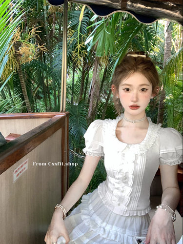 迟伞伞 馥郁莉莉塔 天丝花边蕾丝泡泡袖白色衬衫蓬蓬半裙气质套装