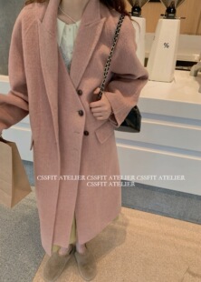 设计双襟枪驳领阿尔巴卡羊驼毛羊毛大衣 獨家三文鱼粉 迟伞伞