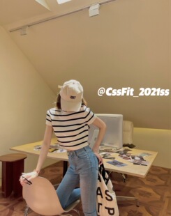 简约百搭短款 冰麻条纹海魂小上衣短袖 修身 T恤 女夏季 cssfit