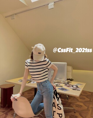 迟伞伞冰麻条纹海魂小上衣短袖女