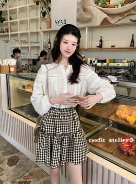 迟伞伞 我的复古情怀 法式百搭格纹小蛋糕半裙松紧腰褶皱半身裙