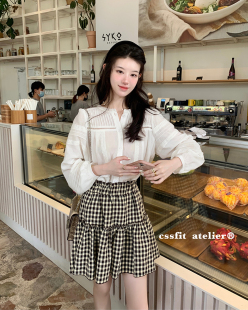 法式 复古情怀 百搭格纹小蛋糕半裙松紧腰褶皱半身裙 我 迟伞伞