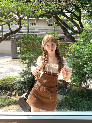 迟伞伞 25/ss 栗子蒙布朗 miu系奶咖灯芯绒背带裙裤女收腰连衣裙