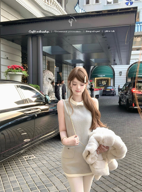 迟伞伞26/ss 蔚蓝暖冬 chan*25k 蓝灰羊毛撞色气质无袖背心连衣裙