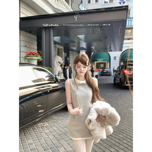 迟伞伞26/ss 蔚蓝暖冬 chan*25k 蓝灰羊毛撞色气质无袖背心连衣裙