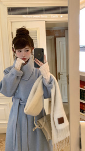 设计感高级混色蓝羊毛双面呢大衣外套女长款 迟伞伞 银座千金