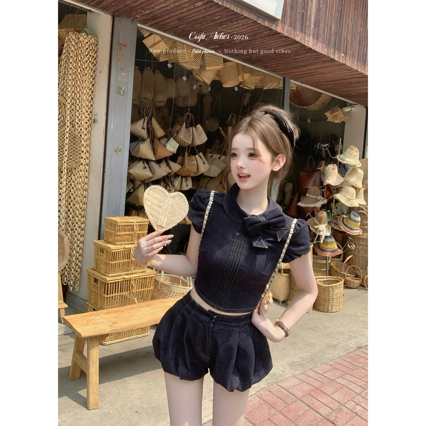 迟伞伞26/ss 烟熏小猫蓝  手工蝴蝶结彼得潘领牛仔上衣短裤套装