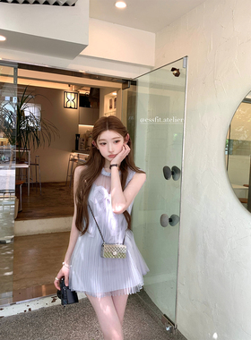 迟伞伞26/ss 仁川暮色 蓝灰刺绣蝴蝶结麻花编织无袖连衣裙短裙夏