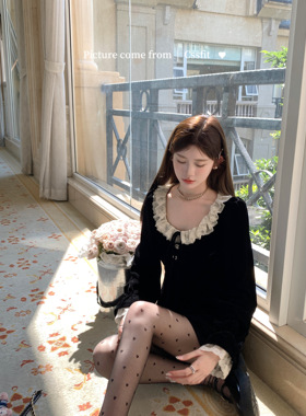 迟伞伞 海德堡圆舞曲 古董千金纸片人蕾丝钻扣黑色丝绒连衣裙女