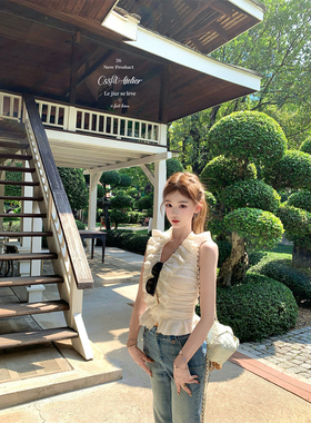 迟伞伞26/ss核心质感 Ralph vintage苎麻荷叶边无袖衬衫牛仔长裤