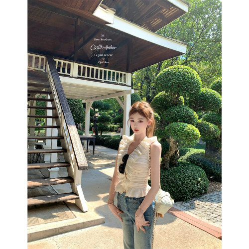 迟伞伞苎麻荷叶边无袖衬衫