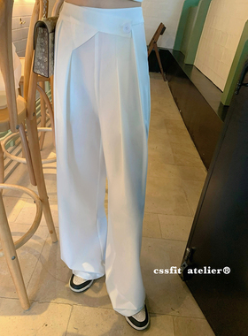 迟伞伞 松垮慵懒feel 通勤腰袢白色西裤女卡其色百搭拖地阔腿裤