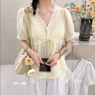 RUILI 衬衫 定制 纯欲温柔气质V领高级感短袖 F0879 法式 MISS