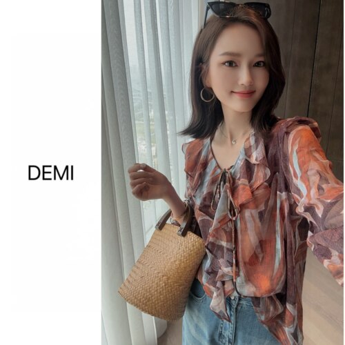 MISS RUILI定制 新款时尚显瘦V领系带木耳边印花长袖小衫F1881