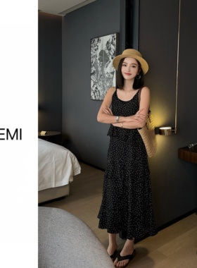 MISS RUILI定制 春季新款时髦洋气波点碎花吊带叠穿连衣裙F1807