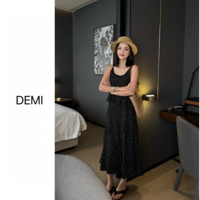 MISS RUILI定制 春季新款时髦洋气波点碎花吊带叠穿连衣裙F1807