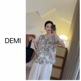 RUILI 衬衫 定制 轻奢泡泡短袖 宽松遮肉印花上衣F0878 法式 MISS