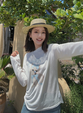 MISS RUILI定制  新款韩版宽松卡通印花猫咪长袖T恤甜美上衣F2076