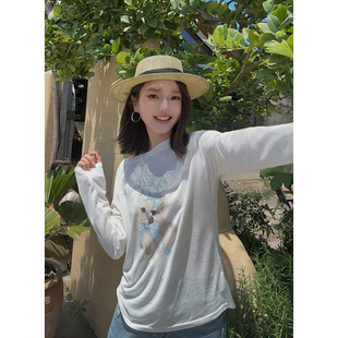 MISS RUILI定制  新款韩版宽松卡通印花猫咪长袖T恤甜美上衣F2076