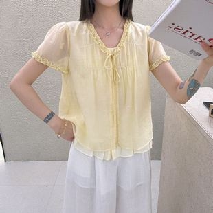 MISS RUILI 定制 夏季新款小清新系带木耳边假两件短袖衬F0880