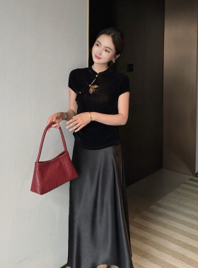 MISS RUILI定制   新款新中式立领盘扣刺绣丝绒短袖气质上衣F2270