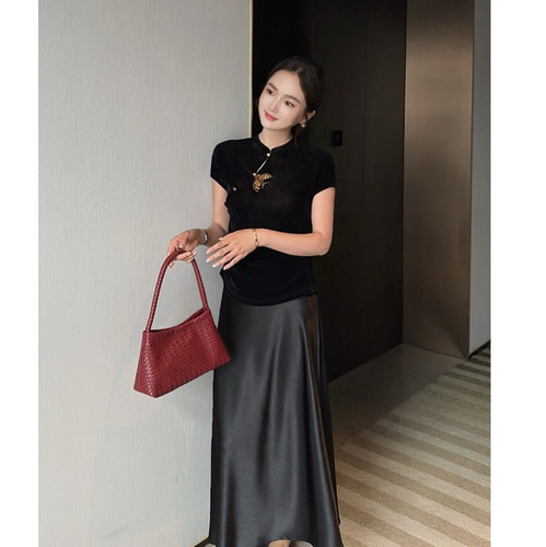 MISS RUILI定制   新款新中式立领盘扣刺绣丝绒短袖气质上衣F2270