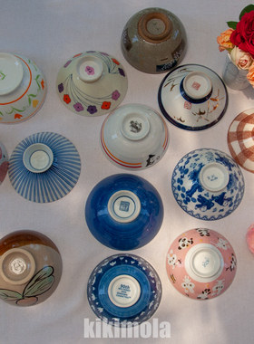 ⭐日本制 陶瓷碗 青花 手绘 釉下 彩赤绘 彩绘 斗笠碗 卡通 花卉