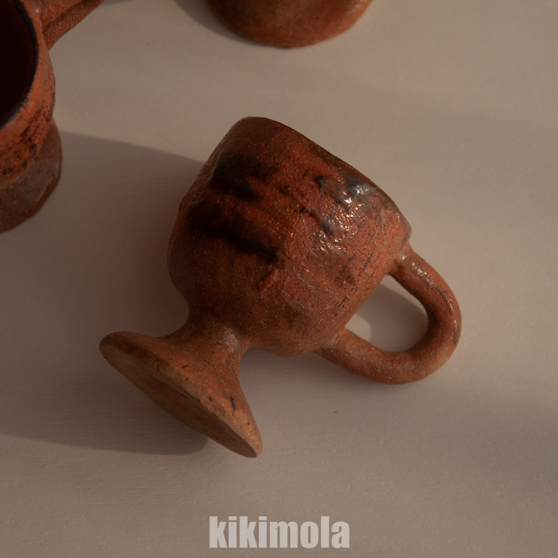 ※日本中古柴烧陶土杯酒杯茶杯高足手作粗陶手柄名家款备前烧九谷