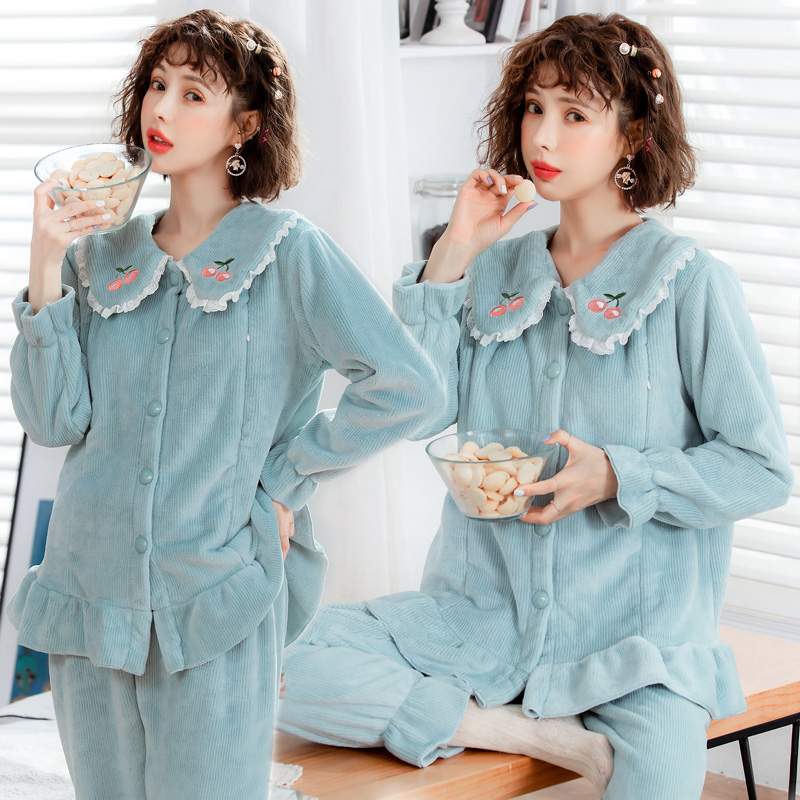 月子服孕妇秋冬季珊瑚绒加绒10睡衣不包邮