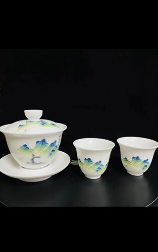 羊脂玉三才盖碗茶杯纯手工陶瓷西施泡茶壶白瓷功夫茶具家用小套组