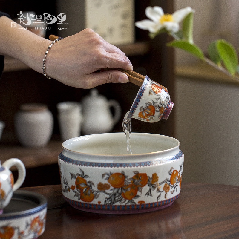 瓷里瓷里茶洗水墨金桃家用茶杯洗高档珐琅彩描金笔洗茶具配件杯盆