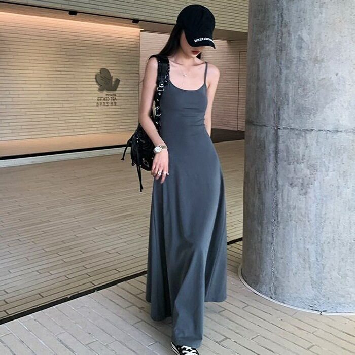 辣妹纯色高腰吊带连衣裙女夏季新lolita洛丽塔连