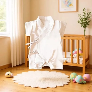 婴儿真丝连体衣桑蚕丝短袖爬服新中式系带爬爬衣宝宝夏季包屁衣潮