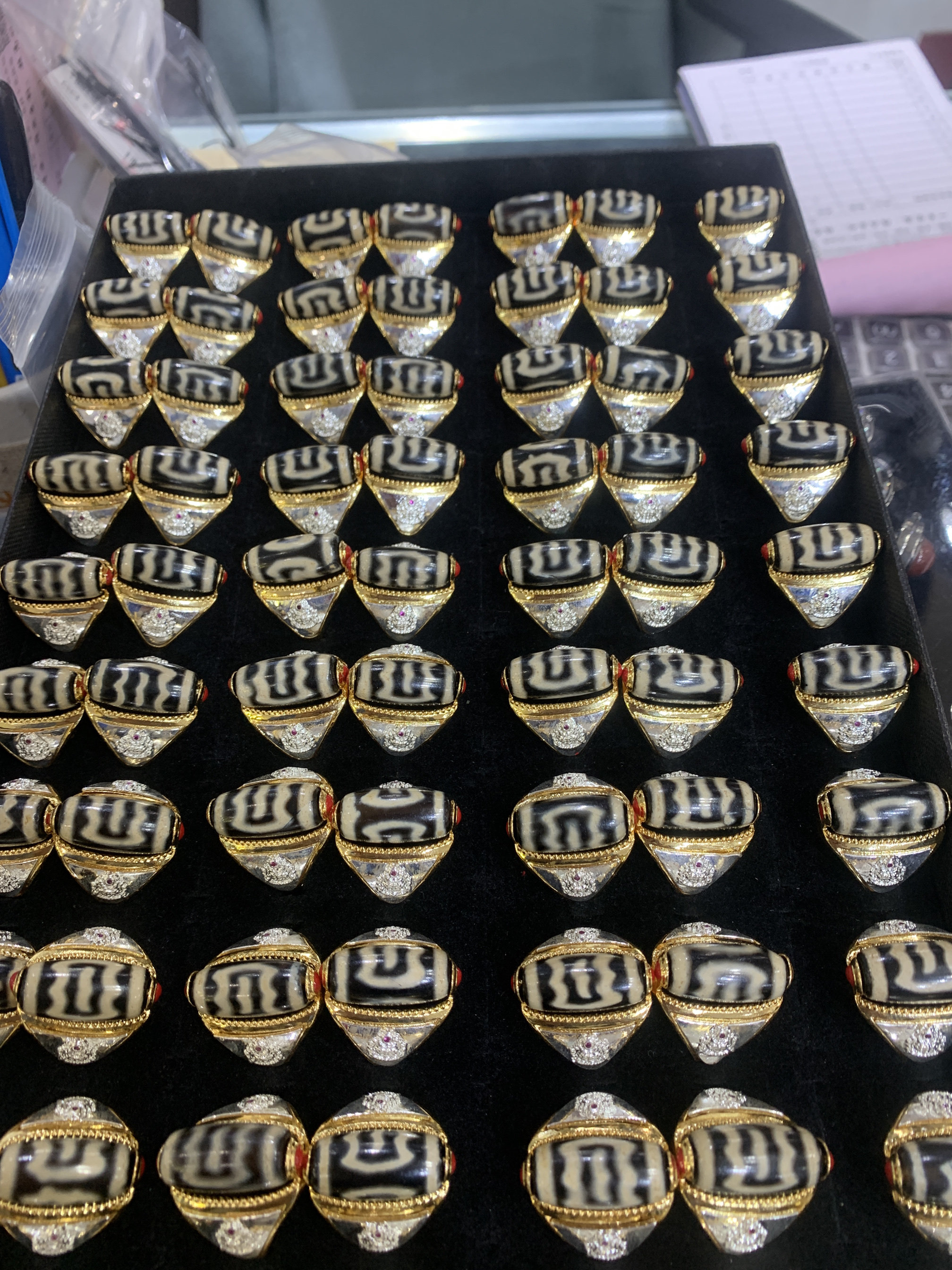 藏式古传统老工艺天珠戒指男女西藏复古大鹏鸟戒指镶嵌开口指环