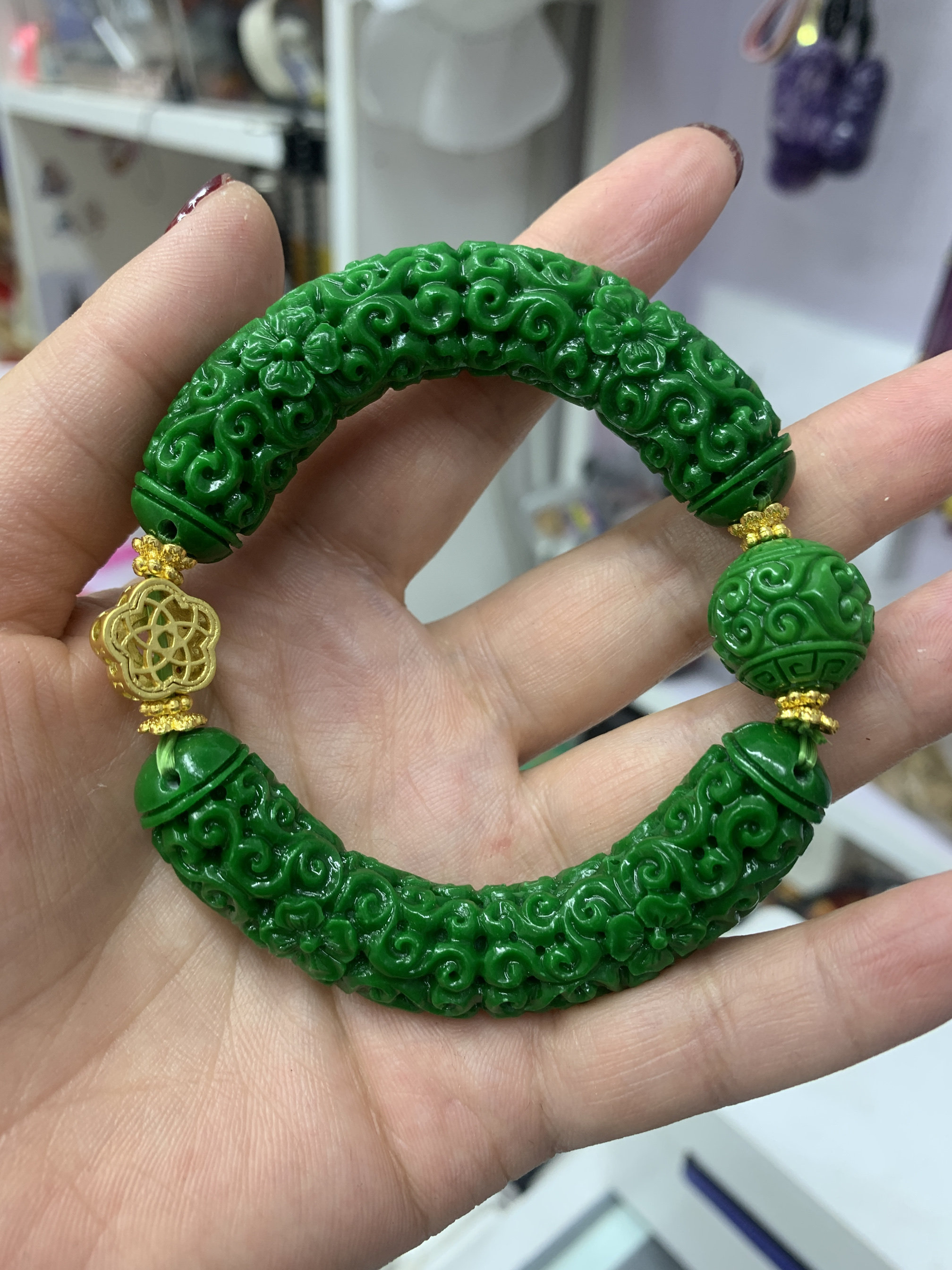 新款祖母绿色干青祥云花精雕半镯项链手镯女手链复古风中国风高级