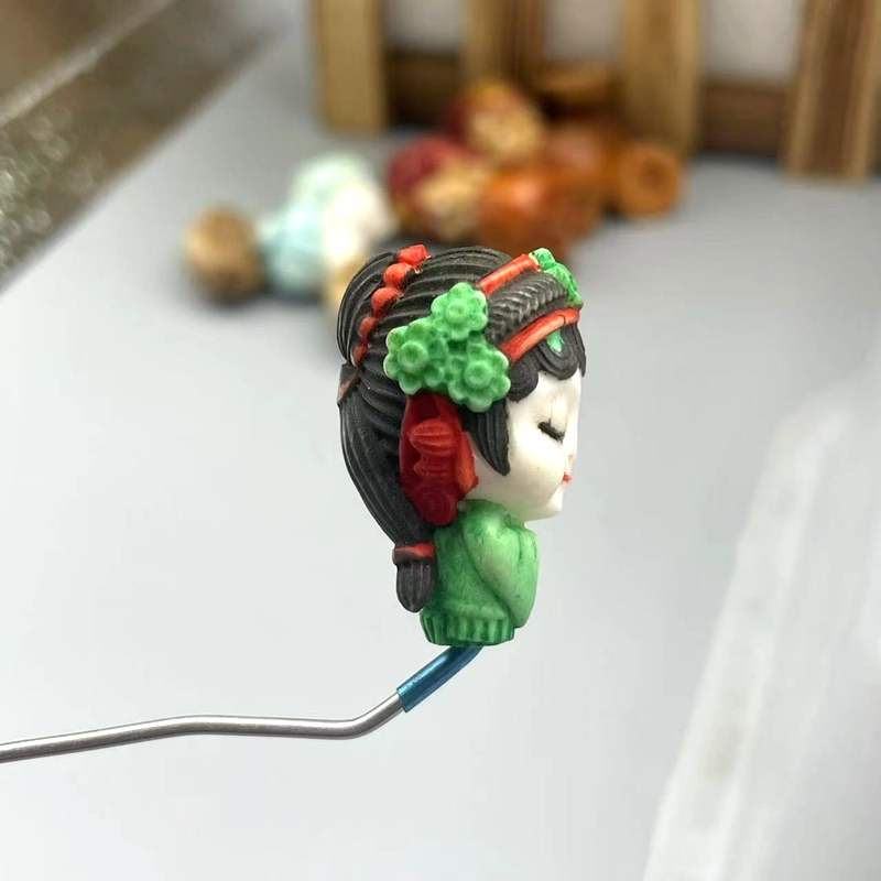 正品鹿角根付彩绘花丹青衣京剧人物藏式文玩佛珠手串手工diy配饰