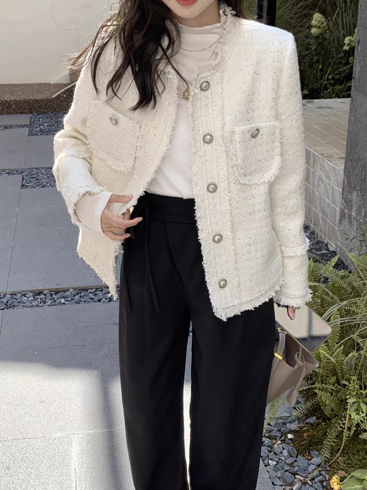 米白色小香风流苏外套女爆款