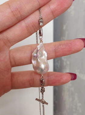 天然淡炫彩水巴洛克珍珠925纯银古巴链