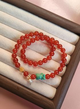 新中式双圈红玛瑙菱镁矿小熊手串显白轻奢小众精致本命年2025新款