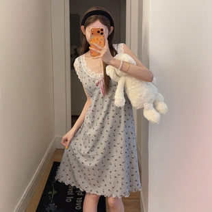 夏季新款甜美背心无袖棉绸睡裙女款韩版中长款带胸垫蕾丝边睡衣女