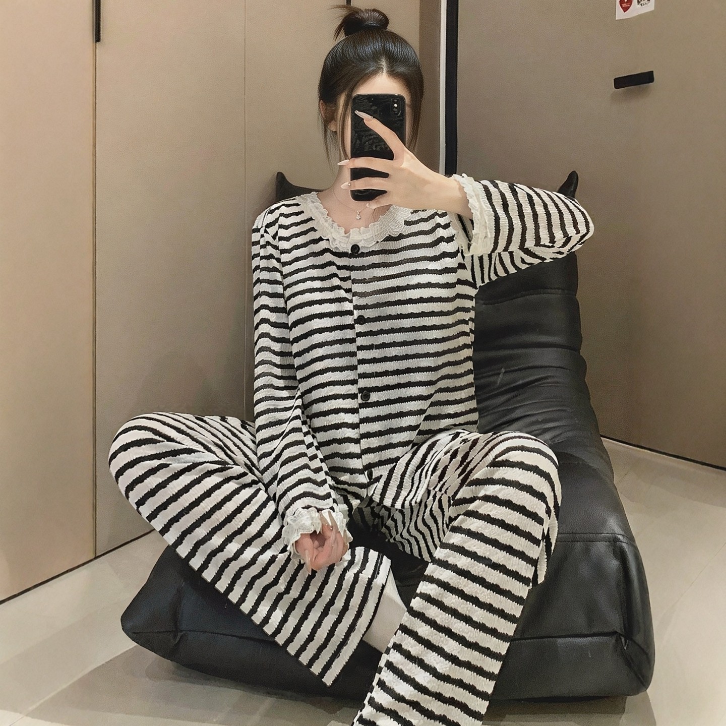 色织条纹花边圆领开衫睡衣女春秋季带胸垫防凸点套装可外穿家居服