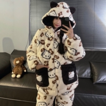 凯蒂猫Kitty睡衣女秋冬季三层夹棉珊瑚绒加厚保暖连帽套装家居服