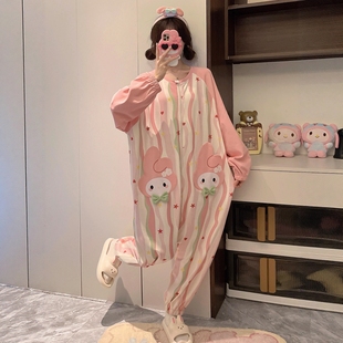 纯棉连体睡衣成人女款春秋长袖拉链2025新款可爱美乐蒂少女家居服