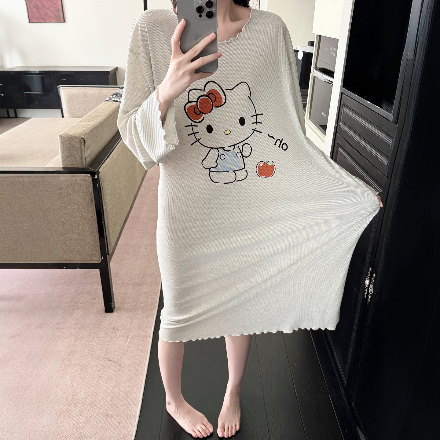 HelloKitty睡裙女彩棉春秋季长袖套头睡衣可爱孕妇宽松舒适可外穿