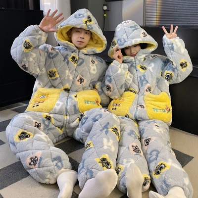 情侣珊瑚绒三层夹棉睡衣男女套装