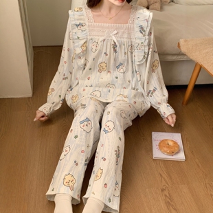 蕾丝花边公主风睡衣女春秋季长袖薄款套装卡通吉伊卡哇小八家居服