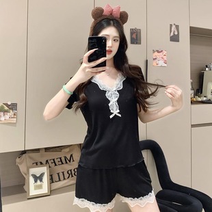 莫代尔睡衣女士夏季 带胸垫高级感蕾丝花边性感甜美家居服 短袖 套装
