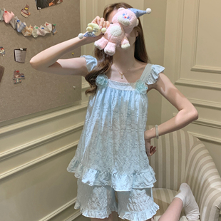 甜美公主风睡衣女夏吊带背心小飞袖 夏天清凉带胸垫家居服 套装 薄款